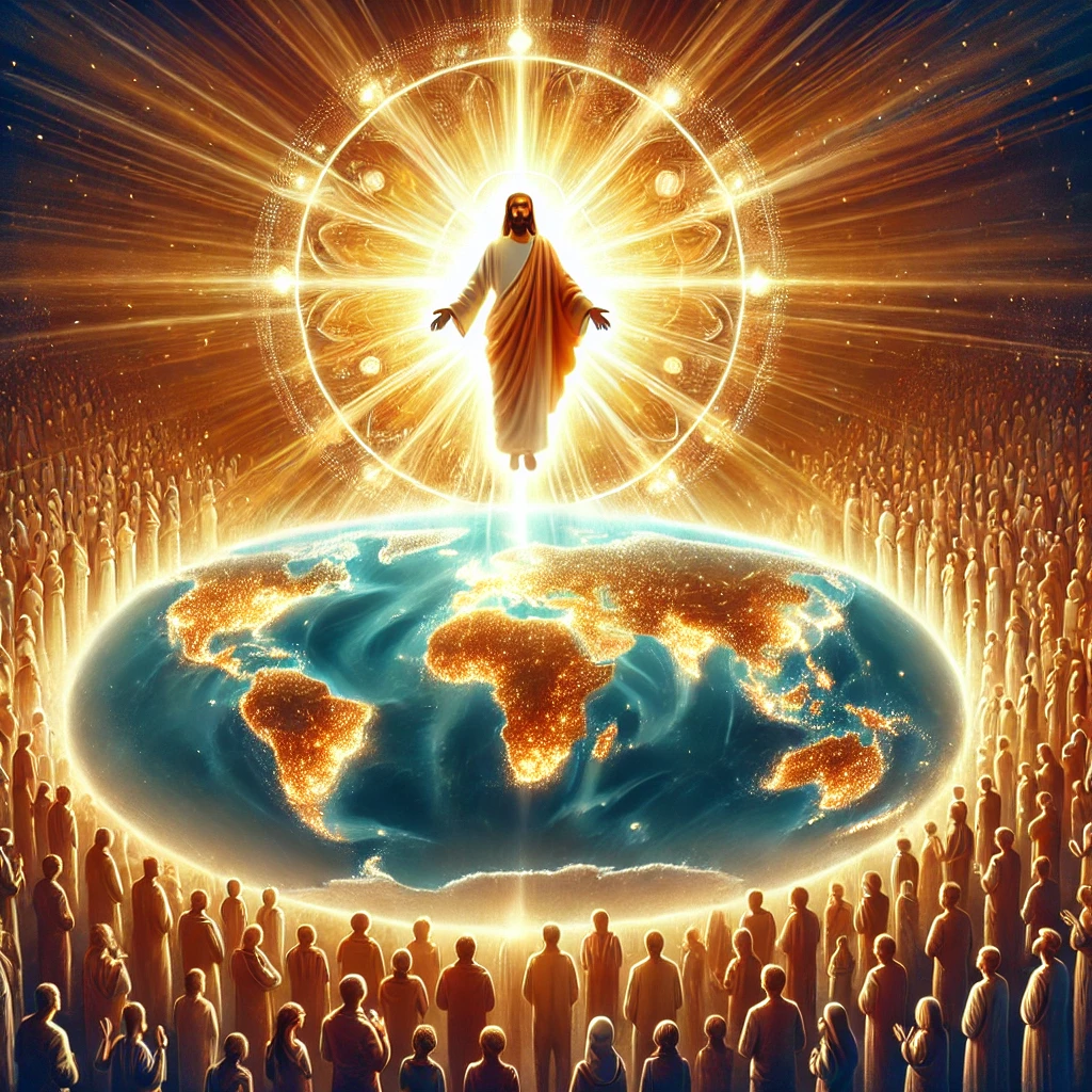DALL·E 2024 12 25 17.28.59 A symbolic illustration of Jesus Christ as the light of the world. The image features a radiant figure of Jesus standing above a world map, glowing wi DALL·E 2024 12 25 17.28.59 A symbolic illustration of Jesus Christ as the light of the world. The image features a radiant figure of Jesus standing above a world map, glowing wi