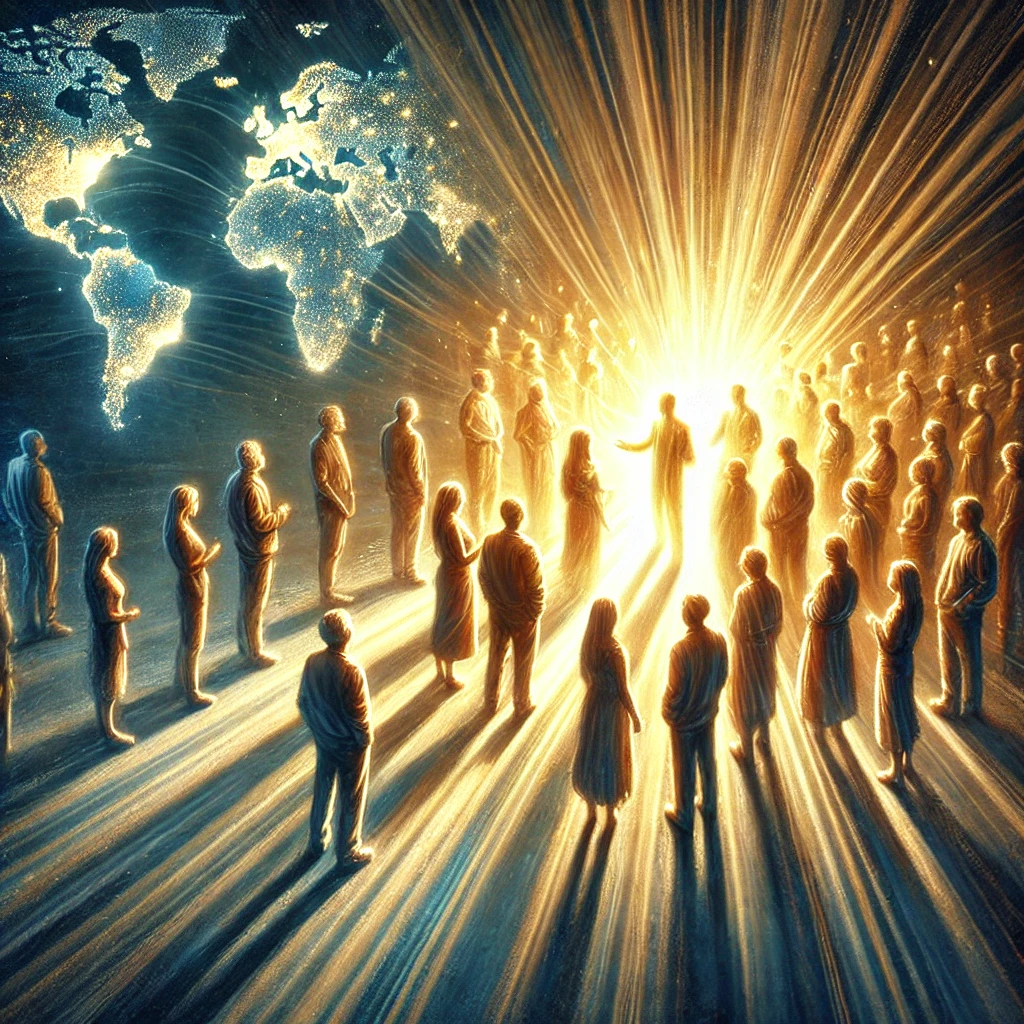 DALL·E 2024 12 25 17.33.26 A symbolic illustration showing a group of believers glowing with radiant light, standing together and reaching out to another group of people who are DALL·E 2024 12 25 17.33.26 A symbolic illustration showing a group of believers glowing with radiant light, standing together and reaching out to another group of people who are